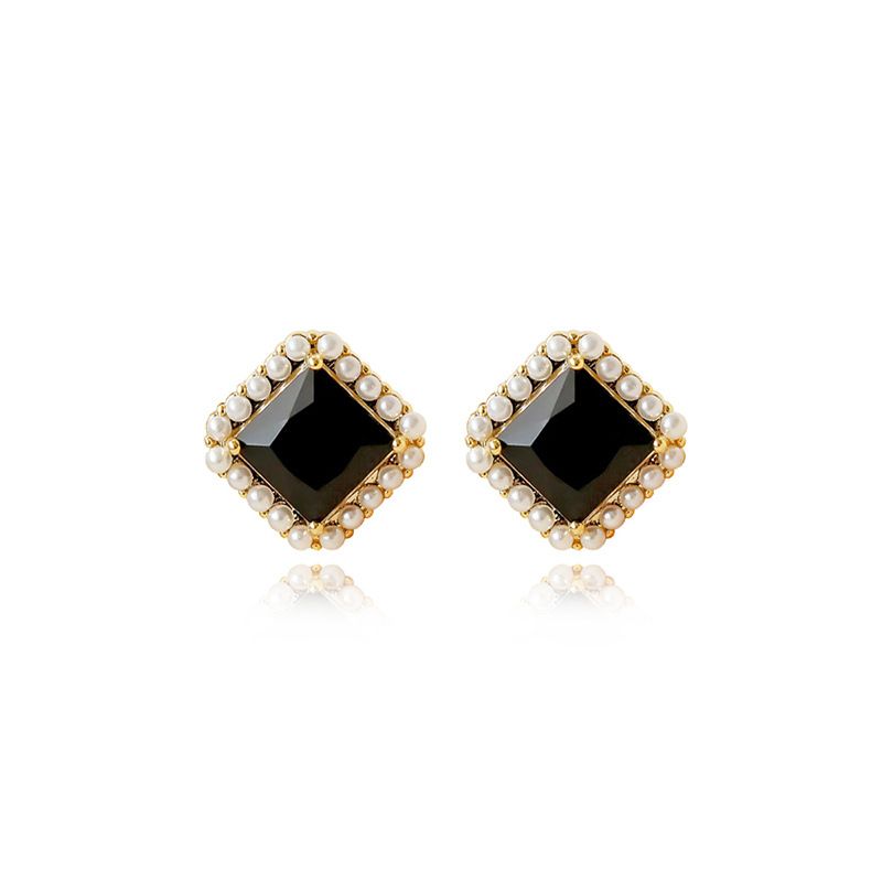 Damenschmuck Retro Quadratische Perlenohrringe Leichtes Luxus-Nischendesign High-End-Schwarzer Achat Mode Temperament Ohrringe_voghion.com