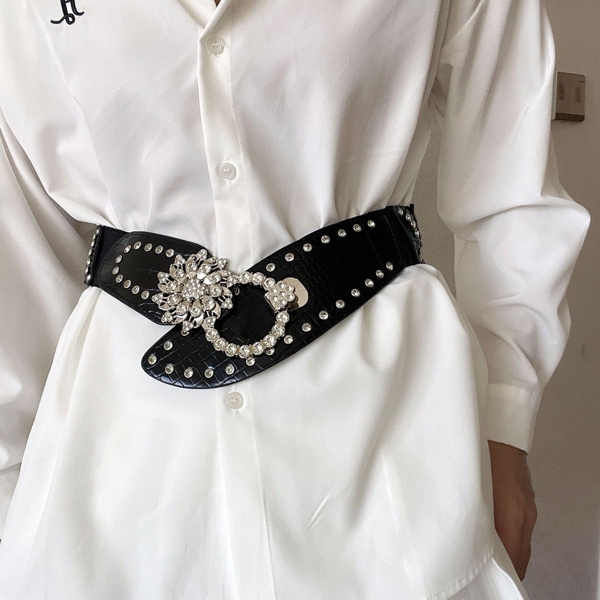 Rhinestone Patchwork Wide Belt For Women Coat Dress Leather Elastic Waist Cincher_voghion.com