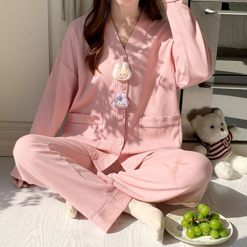 Women's V-neck pajamas, spring cardigans, long sleeves, ins style, girls' cotton set, home clothes, autumn and winter_voghion.com
