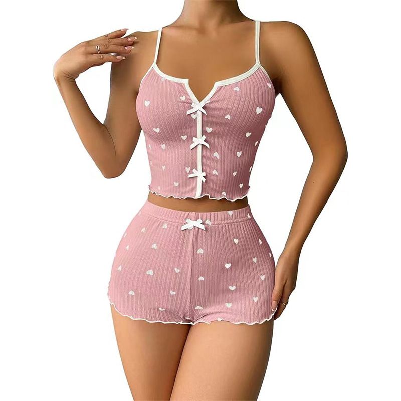 Sleepwears Nya produkter Hjärtformat tryckt Kontrastfärg Hemkläder Front Slit Suspender Pyjamas Set_voghion.com