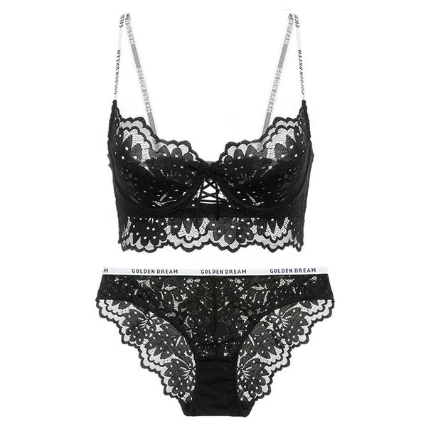 2021 Nuovo Reggiseno Ultra Sottile di Pizzo Sexy con Pietre Lettere Cinghie Stampate Fasciatura Reggiseno e Slip Set di Biancheria Intima da Donna Francese_voghion.com