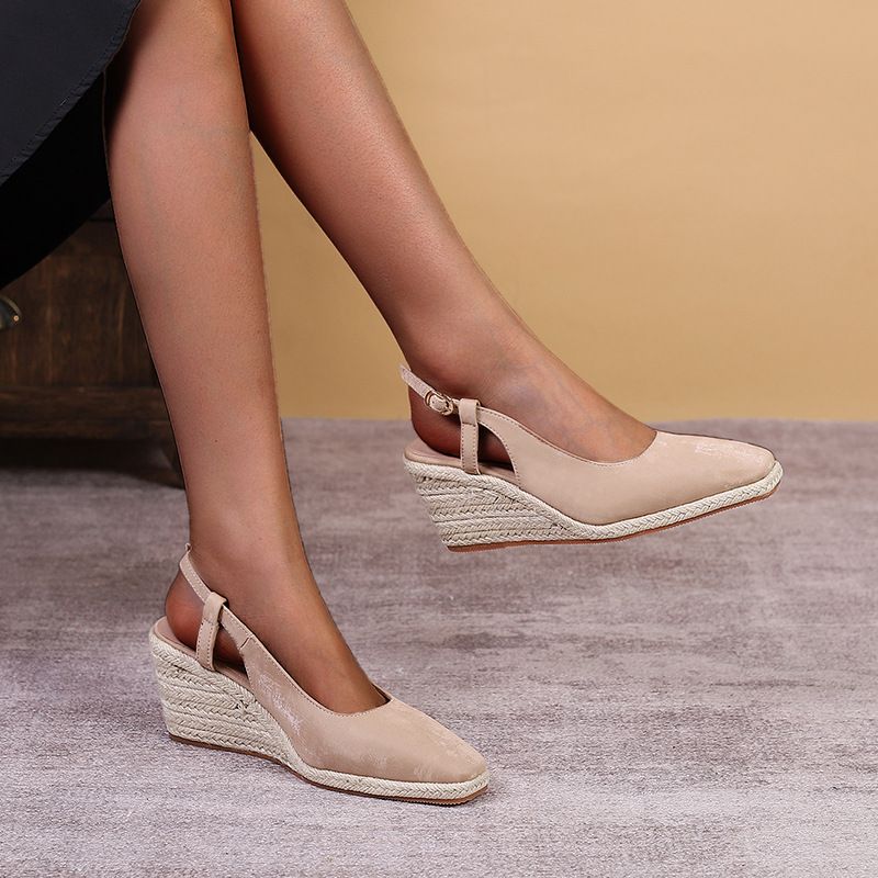 Scarpe da donna con zeppa, punta quadrata, suola spessa, tacco alto, punta chiusa, slip-on, fondo in corda intrecciata di paglia, un pezzo, scarpe singole da donna_voghion.com