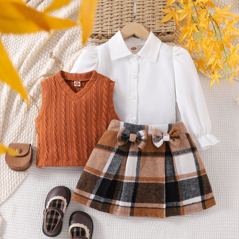 Ensemble de vêtements pour petites filles, chemise à manches longues de style universitaire + jupe à carreaux + gilet pull, ensemble trois pièces_voghion.com