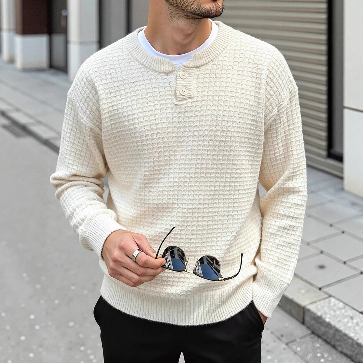 Men's Classic Crewneck Sweater - Timeless Preppy Style, Relaxed Fit, Ribbed Hem, Soft Polyester Blend (Beige, S/M/L/XL)_voghion.com
