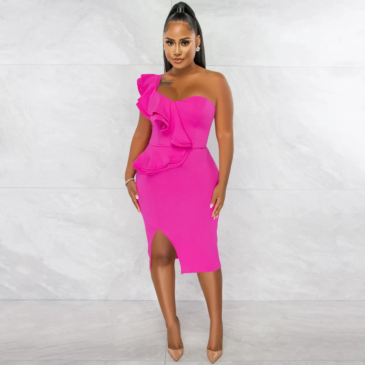 Women's Clothing fashion casual ruffled slit one shoulder sleeve dress women's clothing_voghion.com