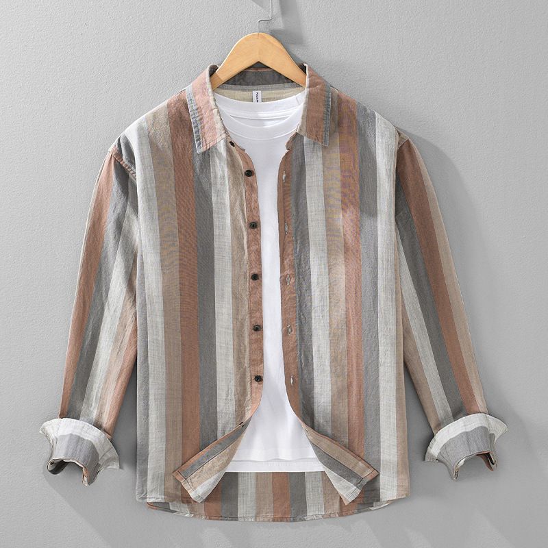 Farbig gewebtes, gestreiftes Langarmhemd aus Leinen für Herren, lässiges Retro-Oberteil mit quadratischem Kragen_voghion.com