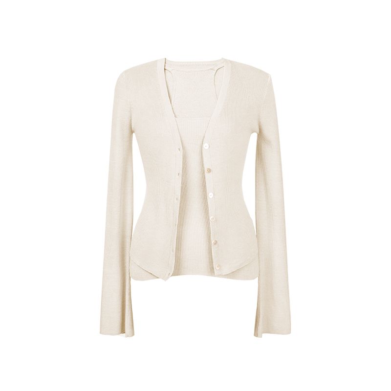 Strickjacke für Damen, Frühling, Sommer, langärmelig, dünne Neckholder-Weste, lila Design, zweiteiliges Set_voghion.com