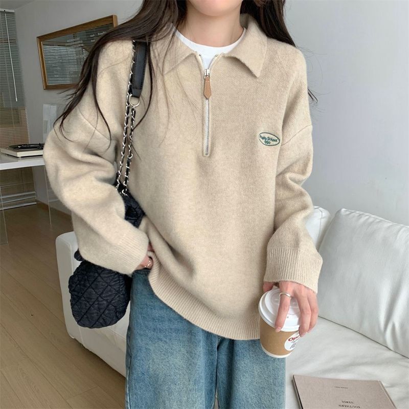Koreanische Version einfacher Polokragen-Reißverschluss mit Strickpullover innen, Damen Herbst/Winter 2024 neu vielseitig locker_voghion.com