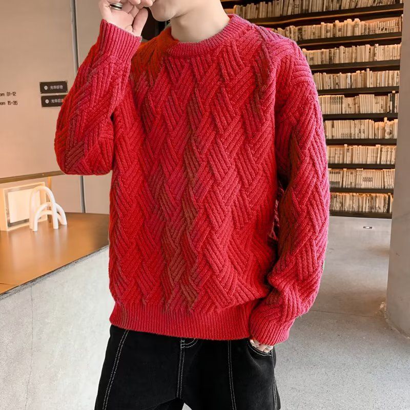 « Pull en grosse maille torsadée pour homme – Pull d'hiver épais, design côtelé classique, sous-couche polyvalente en marron/abricot/rouge/noir »_voghion.com