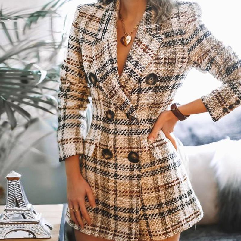 Women's Clothing fashion long sleeved double breasted plaid print woolen coat_voghion.com