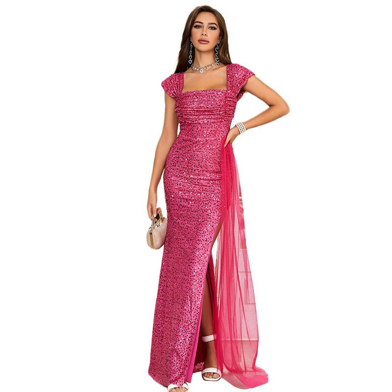  Vestido de noche de lujo con lentejuelas, industria pesada, color rojo rosa, vestido largo elegante para dama aura queen_voghion.com