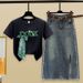 Roupas femininas Novas camisetas de manga curta com laço com contas e saia jeans com fenda e borda crua_voghion.com