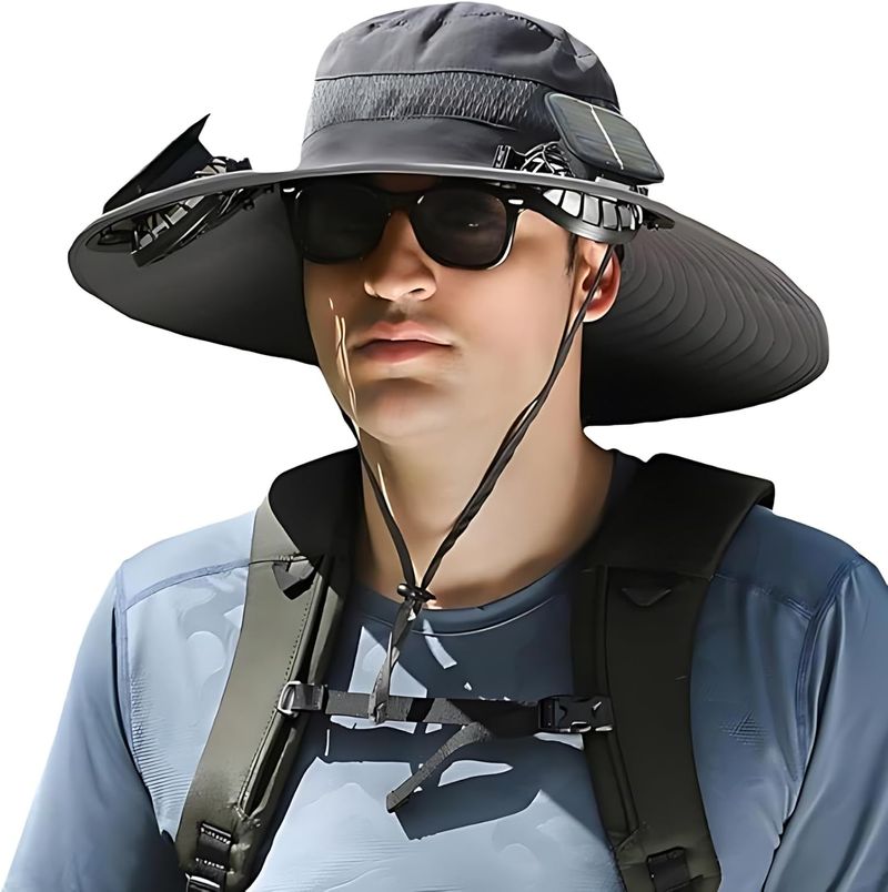 Sombrero de ala ancha para exteriores con 2 ventiladores solares, sombrero tipo cubo para hombre y mujer, UPF 50+, sombrero tipo cubo para pesca y playa con ventilador incorporado._voghion.com