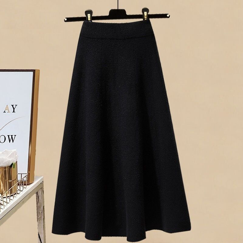 Plus Size Herbst-Damen-Outfit 2024 Stilvoller, lockerer Strickpullover mit hoch tailliertem, schlankmachendem Midirock, zweiteiliges Set_voghion.com