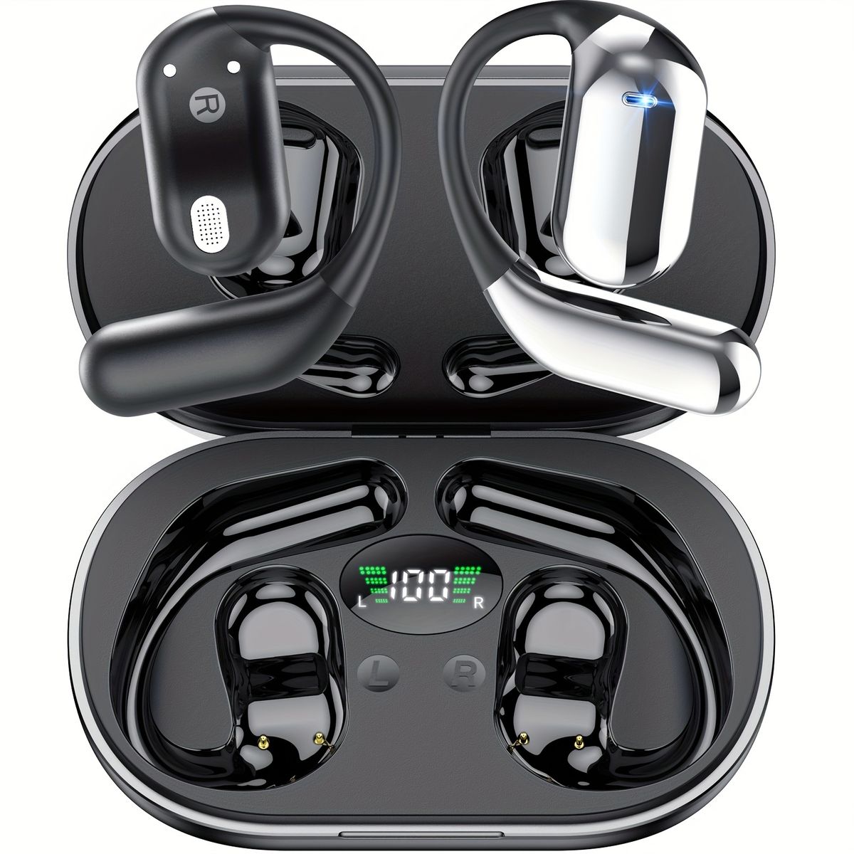 Open BT 5.4 Headphones, Wireless Earbuds Sport Over Earphones Built-in Mic with Hooks 50H Playtime Ear Buds LED Display_voghion.com