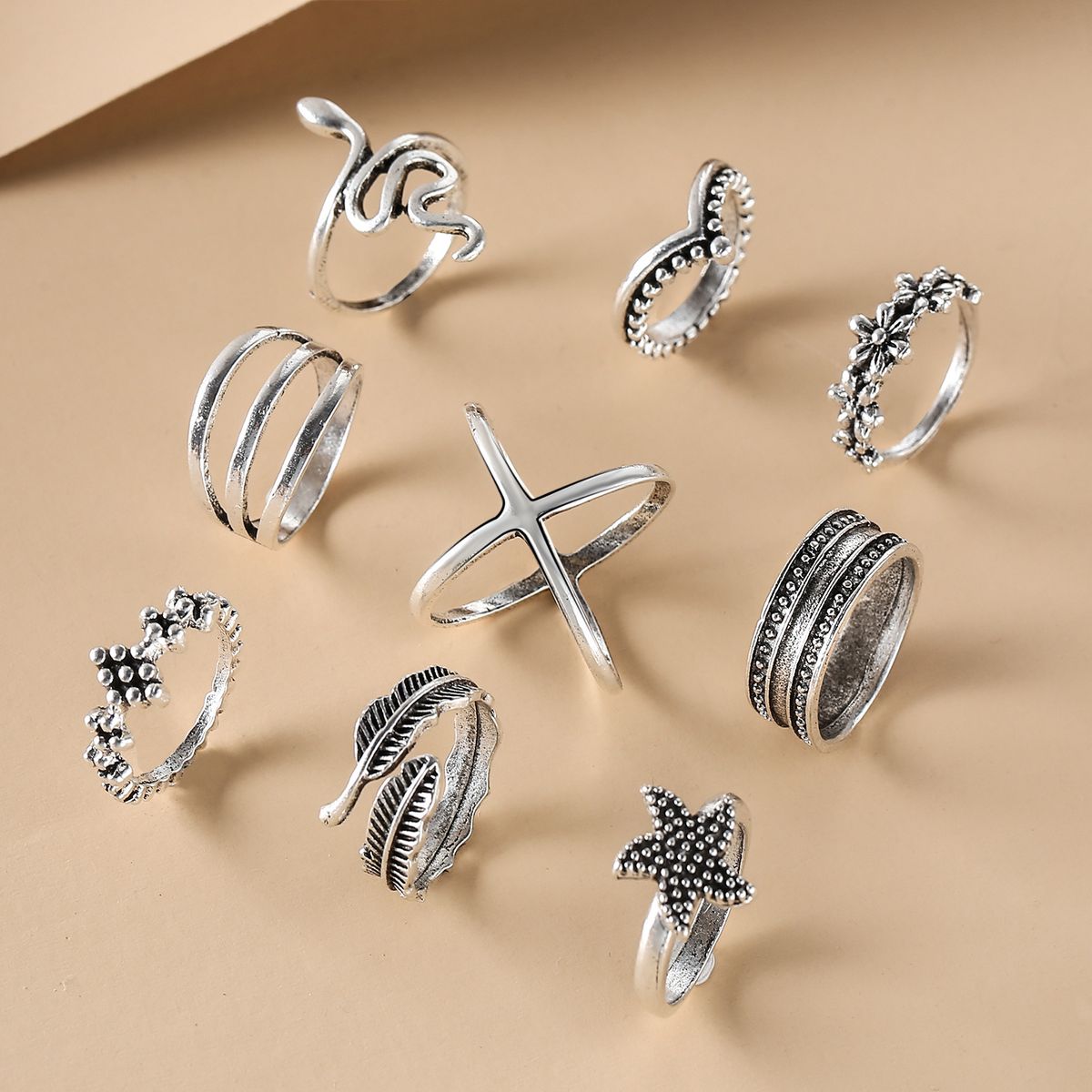 8-Piece Minimalist Silver Leaf & Heart Pearl Openwork Ring Set – Trendy Geometric Stackable Jewelry For Women_voghion.com