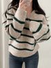 Women's Korean Style Striped Polo Collar Knit Sweater - Soft & Cozy V-Neck Pullover Top For Autumn, Loose Fit Casual Wear_voghion.com