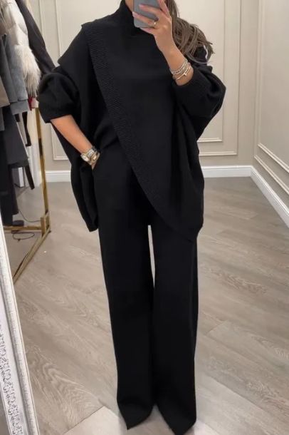 Damenbekleidung, einfarbig, V-Ausschnitt, einreihig, schmal geschnitten, Strickpullover, zweiteiliges Set_voghion.com