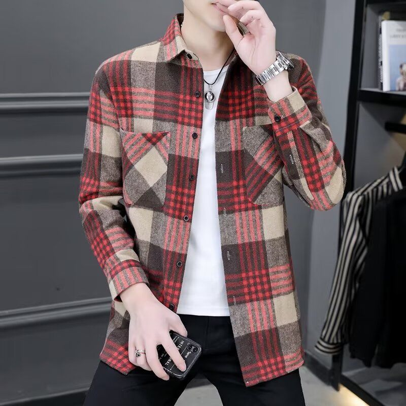 New plaid long sleeved shirt for men, loose plus size, trendy and casual, autumn new style, handsome collar shirt, jacket, trendy_voghion.com