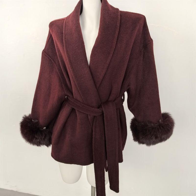 ​​Luxury Double-Faced Wool Coat With Real Fox Fur Cuffs – Short Winter Coat For Women, Lace-Up Design, Warm & Stylish_voghion.com