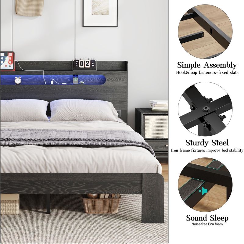 Bed Frame King Size, Wood Platform Bed Frame With Storage LED Light Headboard And 2 USB , Noise Free,No Box Spring Needed And Easy Assembly Tool,Large Under Bed Storage,Black_voghion.com