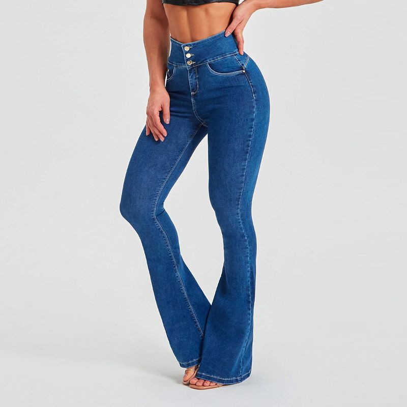New high waisted slim fit elastic shaping flared pants for women jeans_voghion.com