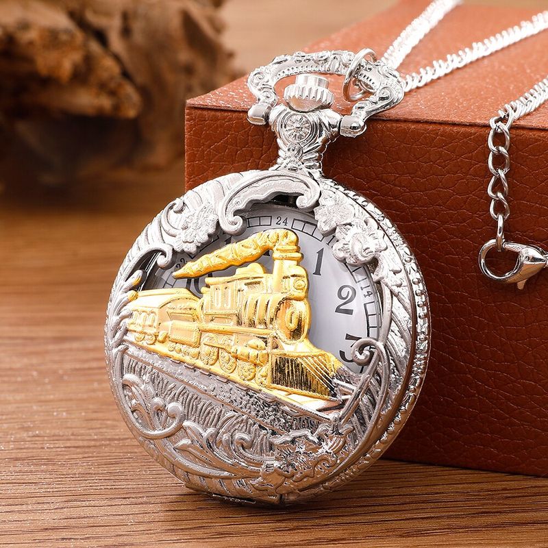 Taschenuhr im antiken Dampfzug-Design mit Halskette, Vintage-Quarz-Anhänger, Uhrenkette für Herren und Damen_voghion.com