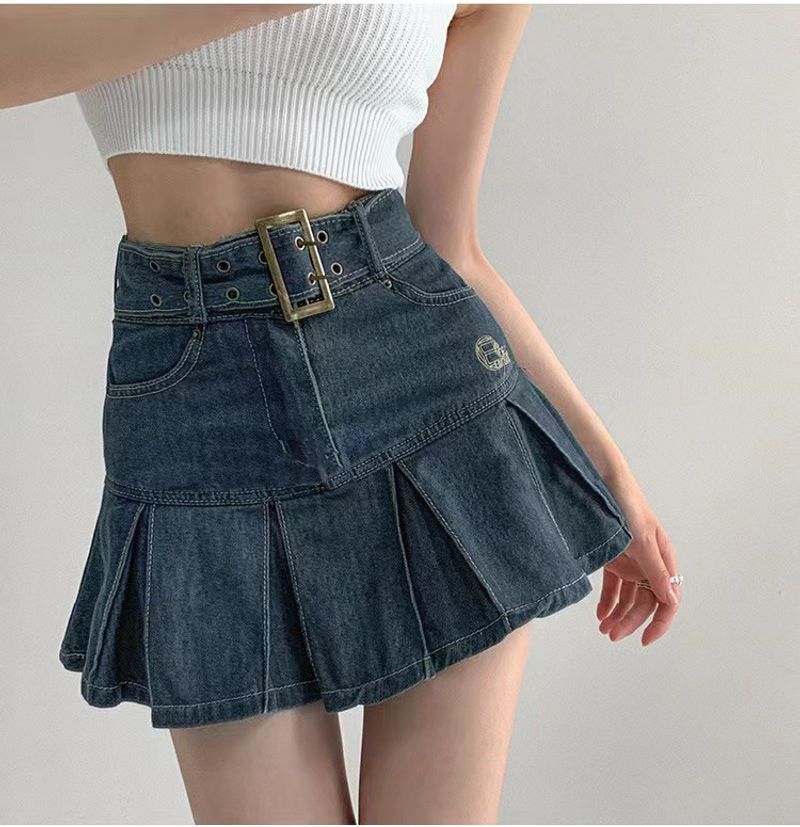 Gonna in denim per donna, gonna estiva a pieghe, nuovo design, gonna corta a vita alta e sottile, tendenza_voghion.com