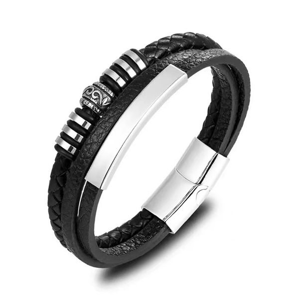 Bracciale da uomo retrò in corda di pelle intrecciata, bracciale da coppia in acciaio inossidabile con fibbia magnetica, bracciale in pelle intrecciata_voghion.com