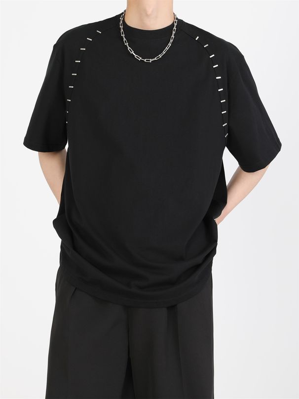 Maglietta a maniche corte con spalline spesse e design di nicchia, tendenza estiva da uomo, maglietta larga in metallo di alta qualità, a maniche corte_voghion.com