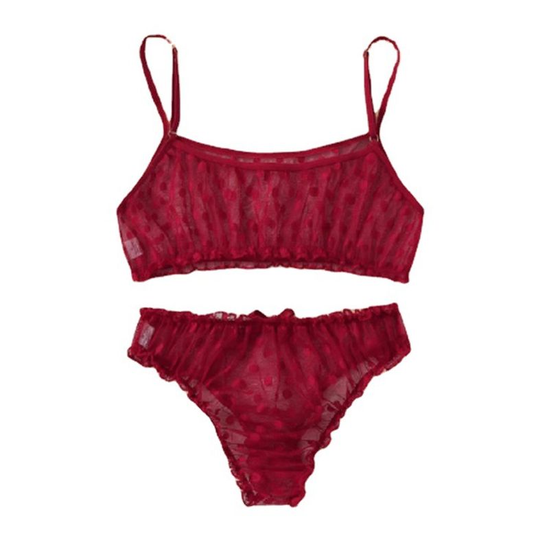 2022 Set di lingerie sexy Reggiseno e mutandine in pizzo con stampa a pois Set di reggiseno intimo donna con volant trasparenti See Through_voghion.com