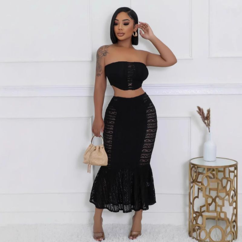 2025 frühjahr Neue Sexy Trägerlosen Hohe Taille Crop Top Bodycon Meerjungfrau Kleid Set Für Frauen_voghion.com