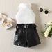 Summer Girls' Standing Neck Pit Striped Sleeveless Top PU Leather Shorts Set_voghion.com