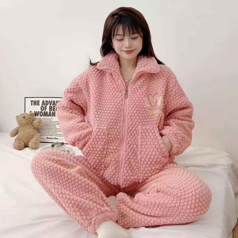 Pigiama con cerniera da donna, in flanella rosa, autunno e inverno, cardigan spesso, set da salotto_voghion.com