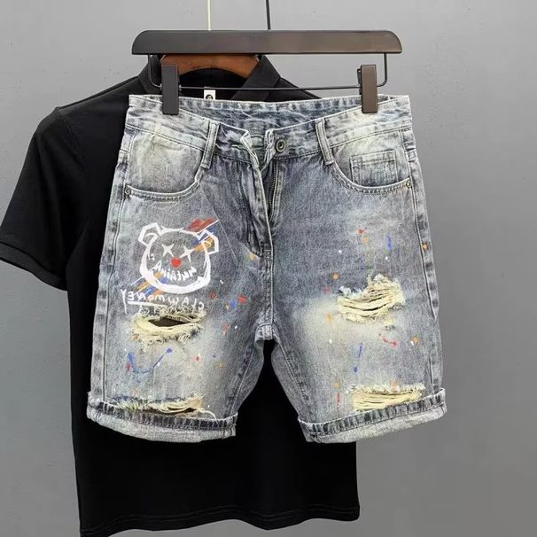 Men's Clothing Summer Thin Fashion Ripped Patch Denim Shorts Men's Trendy Brand All Match Cat Whisker Distressed Beggar Five Point Pants_voghion.com