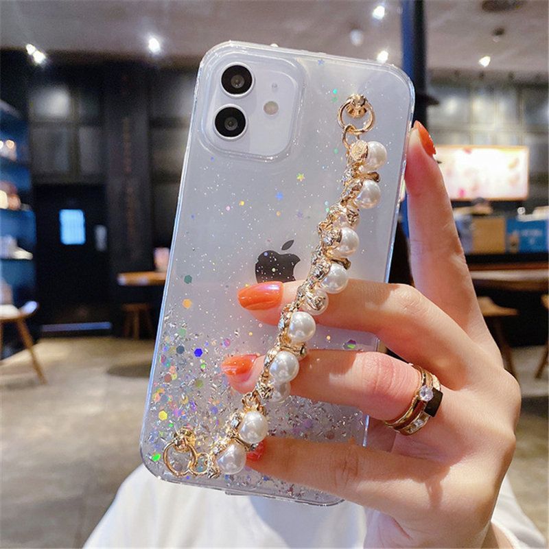 Glitzer Handgelenk Chian Strap Handyhülle für iPhone 13 11 14 Pro MAX 7 8Plus X XR XS Max 12 Pro Max Blingbling Pearl Armband Cover_voghion.com
