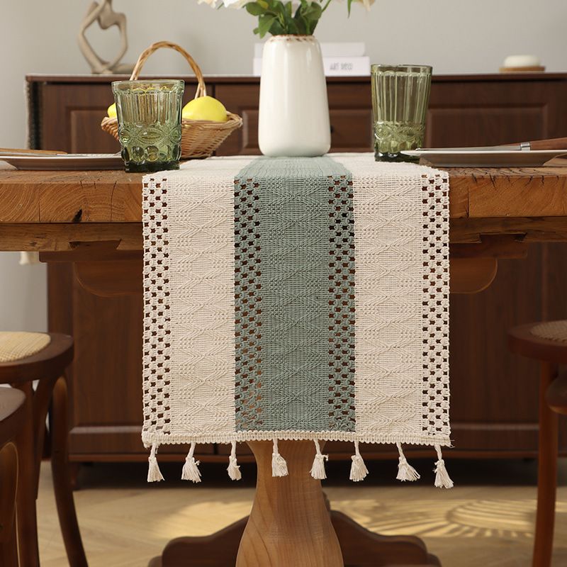 Cotton And Linen Table Runner Stitching Woven Tassel Ethnic Style Table Mat Festival Decoration Knitted Hollow Cover Cloth Light Luxury High End_voghion.com