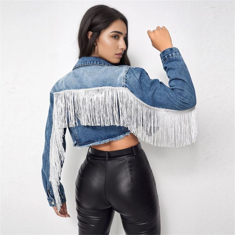 Women's Fashion Fringe Denim Jacket - Stylish Oversized Short Coat With Long Sleeves, Casual Streetwear For Spring_voghion.com