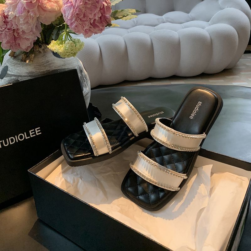 Grape Mom Studiolee Expensive Sensation Satin One Word Belt Sparkling Water Diamond Square Head Flat Sandals For Women_voghion.com