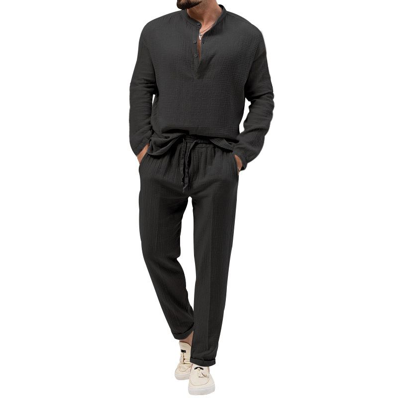 Men's Clothing spring and autumn men's solid color casual T shirt long sleeved shirt trousers suit_voghion.com