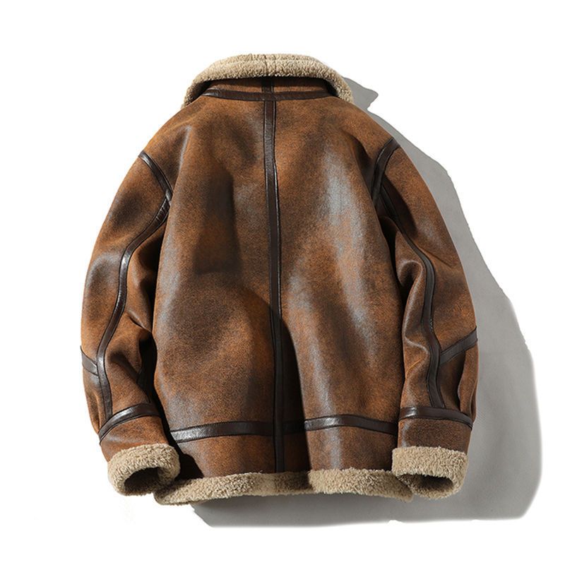 Retro Suede Shearling Jacket Men's Jacket Fleece-Lined Thickened Winter Fur-Collar Integrated Motorcycle Leather Jacket Trendy Style_voghion.com