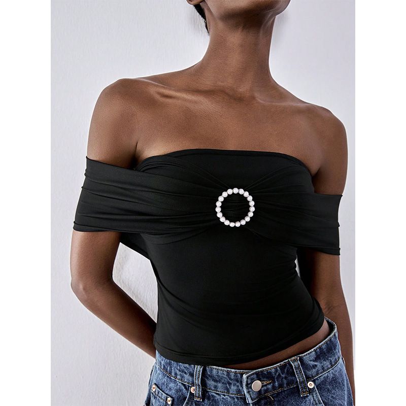 Top corto da donna aderente e aderente, stile retrò, con una spalla e senza spalline, con decorazione ad anello con pietra preziosa._voghion.com