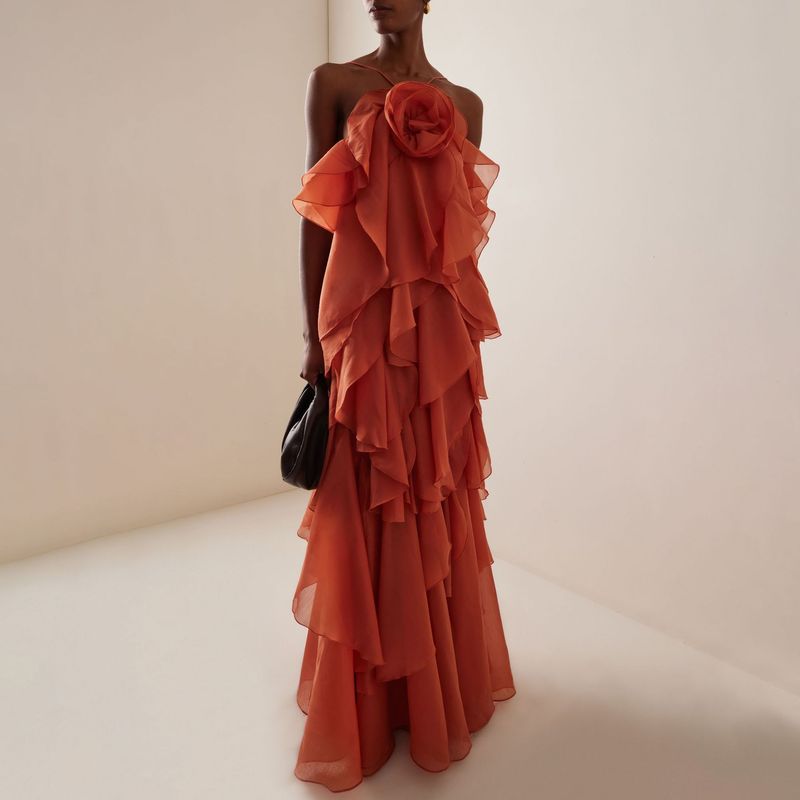 Damenbekleidung Nischendesign Rot Neckholder Straps Rückenfreies Kleid Weibliche Rüschen Unregelmäßiger Urlaub Hot Girl Kurzer Rock_voghion.com