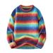 Sweater men's autumn and winter new style American rainbow stripe round neck loose casual pullover simple gradient_voghion.com