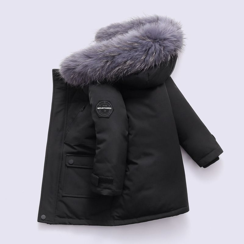 Boys' Long Down Jacket – Winter-Proof Parka With Eco-Friendly Fur Trim (90% White Duck Down, Water-Resistant Shell, Ages 3-12, 90-150cm)_voghion.com