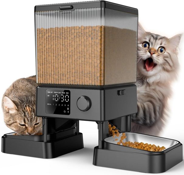 oneisall 5L Futterautomat Katze 2 Näpfe, Katzenfutter Automat Mit Einem Knopf, Einfache Bedienung, Futterspender Für Katzen/Hunde, Mit Edelstahlschü_voghion.com