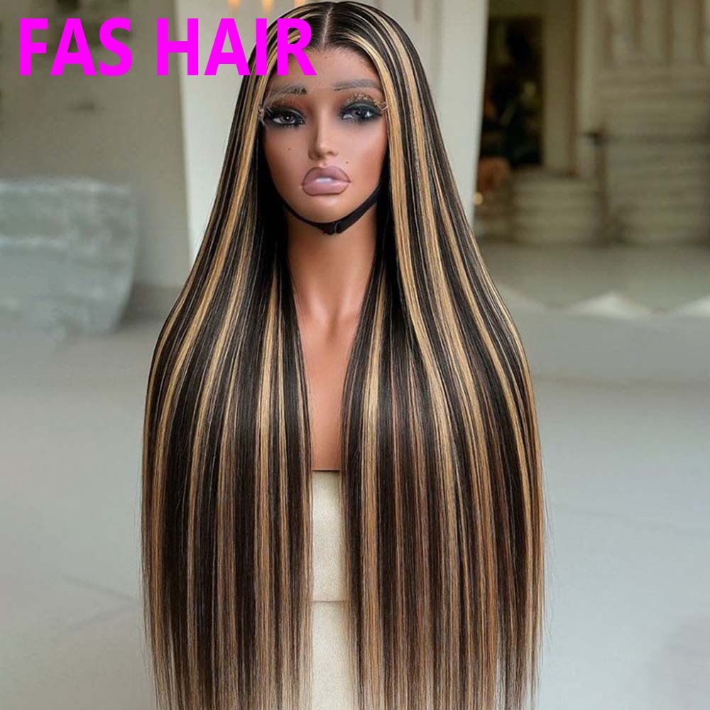 #P1b27 Glatte Spitzenperücke – Braunes Echthaar (Klavierfarbe, natürliches Aussehen, mittellang)_voghion.com