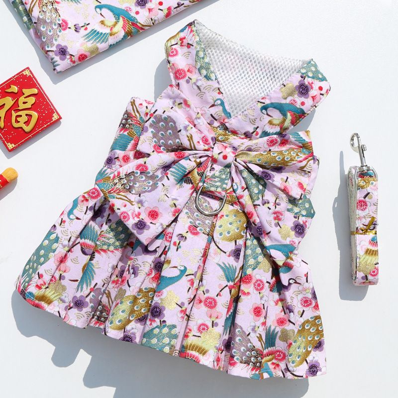 New Year, Chinese Style, Spring Festival Pet Cat JK Skirt, Chest and Shoulder Strap, Traction Rope, Teddy Walking_voghion.com