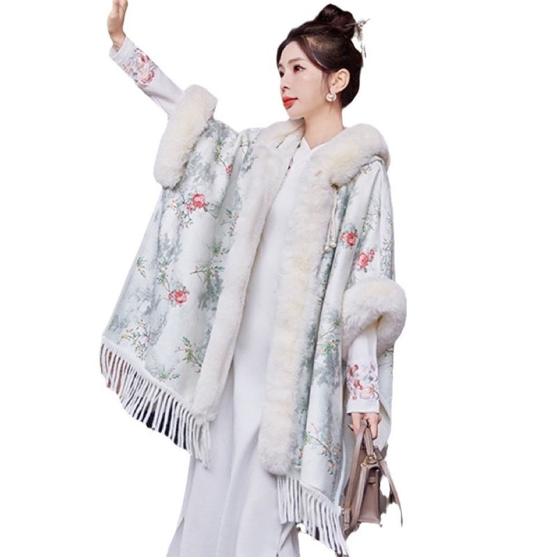 Châle à pompon à col en laine avec manteau en laine épaissi de style national pour femme_voghion.com