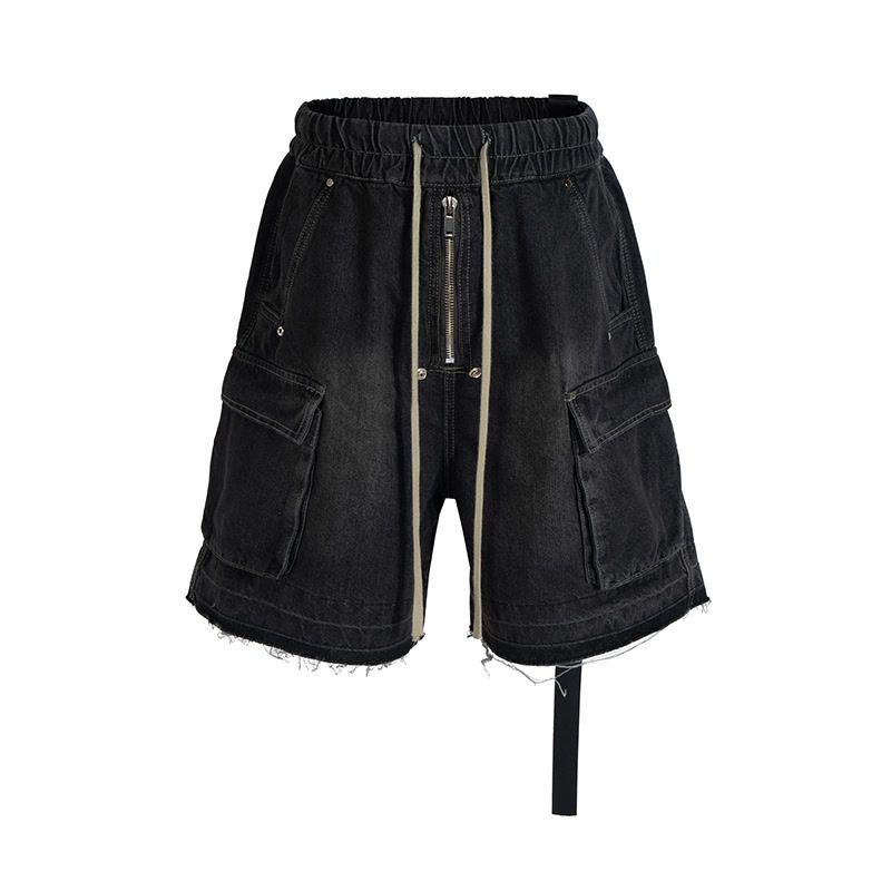 Pantaloncini cargo in denim effetto consumato da uomo con coulisse in vita e tasche multiple – Pantaloncini casual larghi e di media lunghezza in stile High Street_voghion.com